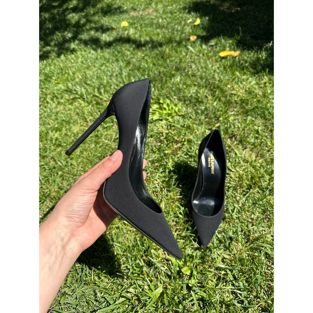 Saint Laurent Paris Anja Black Fabric Pointed Toe Pumps Stiletto Heels Size 38.5 - Picture 2 of 9